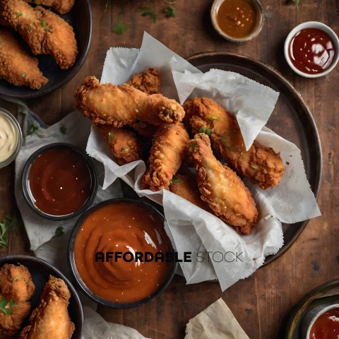 A tray of fried food with dipping sauce