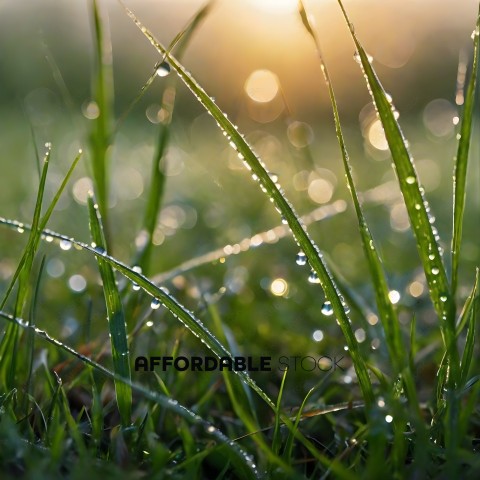 Grass with dew drops in the sunlight