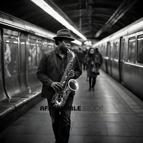 A man playing a saxophone in a subway station