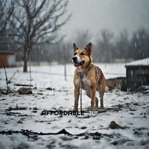 A dog standing in the snow with a chain around its neck