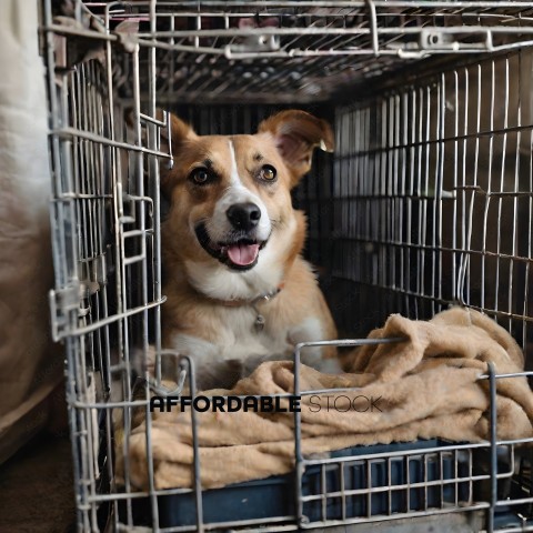 A brown and white dog in a cage