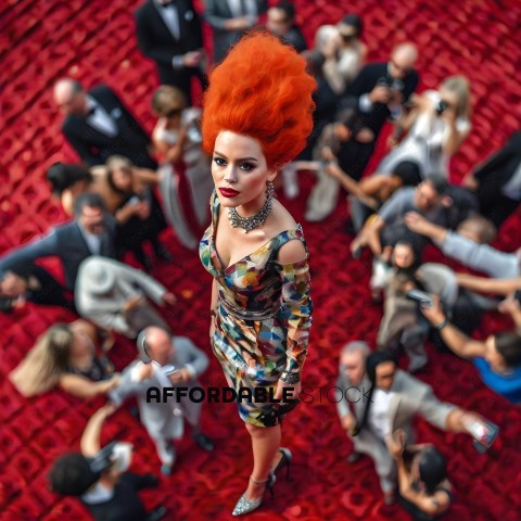 A woman with a red Mohawk and a colorful dress stands in the middle of a crowd