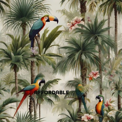 A painting of tropical birds in a jungle