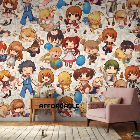 A wall mural of anime characters