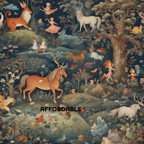 A painting of a forest with animals and fairies