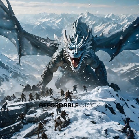 A group of people are fighting a dragon in the snow