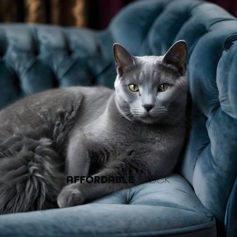 A gray cat sitting on a blue chair