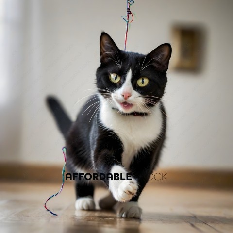 A black and white cat with a green and red tail