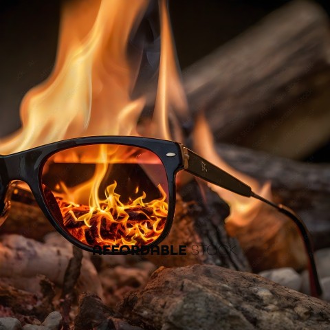 A pair of sunglasses with fire in the lenses