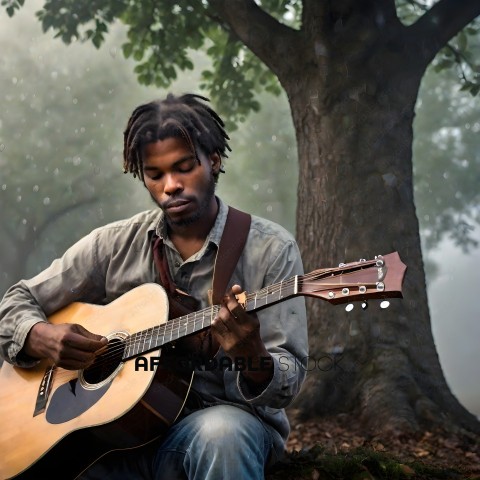 A man playing guitar under a tree
