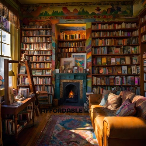 A cozy library with a fireplace and a couch