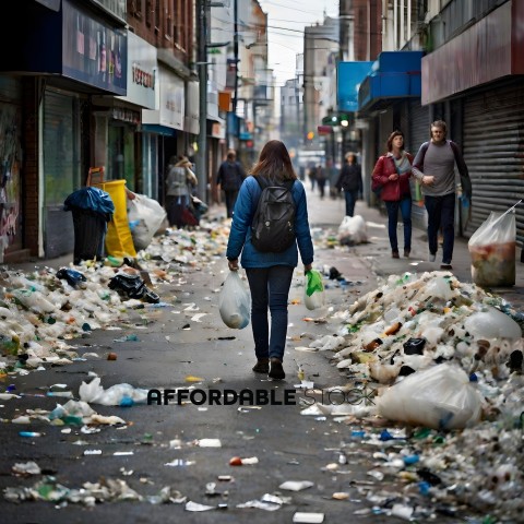 A woman walks down a street littered with trash