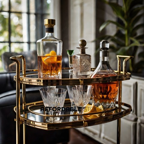 A gold trolley with a variety of drinks and garnishes