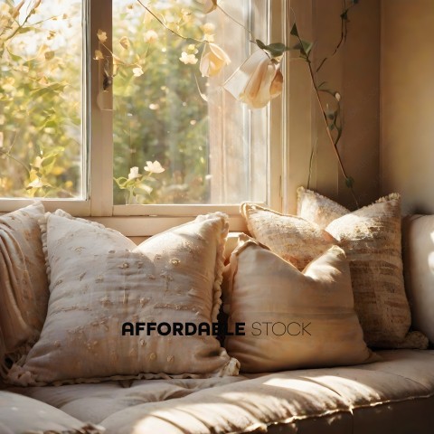 A white couch with pillows and a window