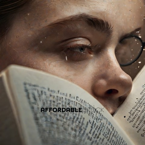 A woman reading a book with a magnifying glass over her face