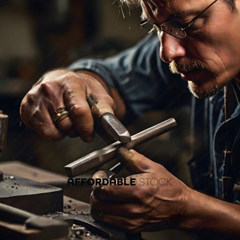 A man working on a metal piece with a hammer and anvil