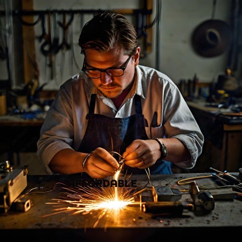 Man working on a project with a sparkler