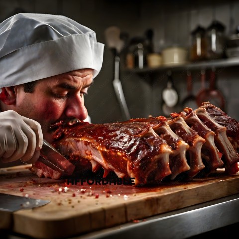A chef cutting a large piece of meat