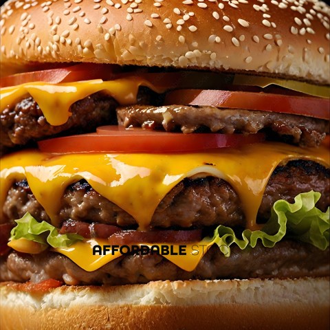 A close up of a cheeseburger with lettuce and tomato