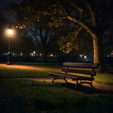 A park bench sits in the shade of a tree at night