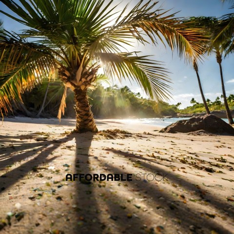 A palm tree casts a shadow on the sandy beach