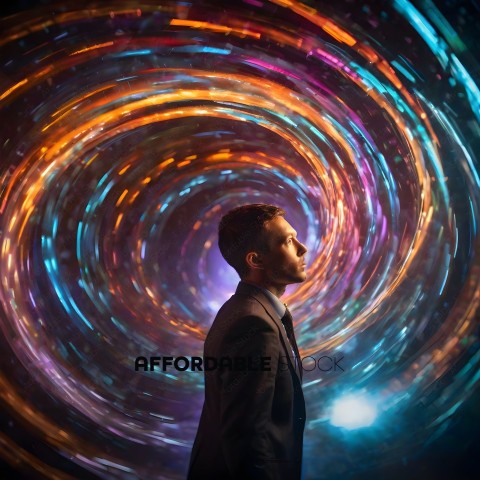 Man in a suit standing in front of a colorful, swirling background