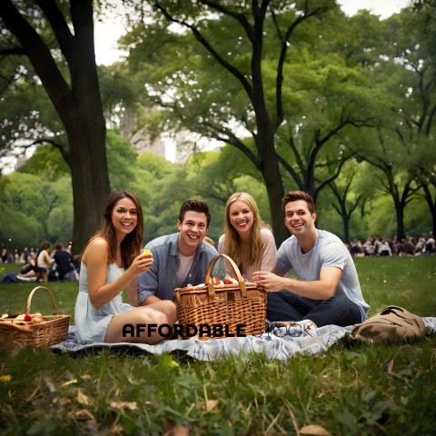 Four friends enjoy a picnic in the park