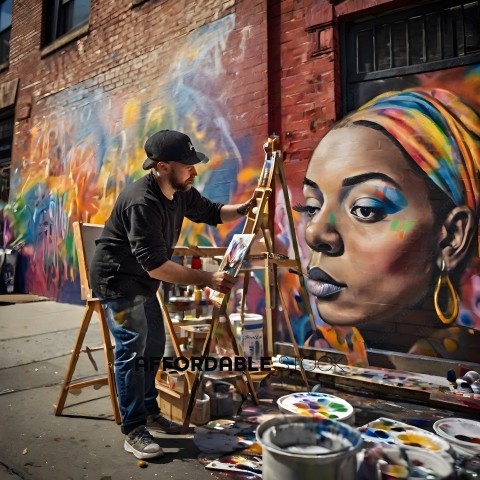 Man painting a mural of a woman on a wall