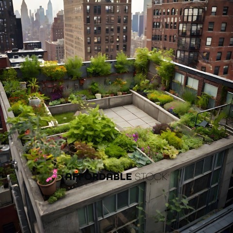 A rooftop garden with a cityscape in the background