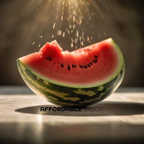 A slice of watermelon with seeds and juice spraying out