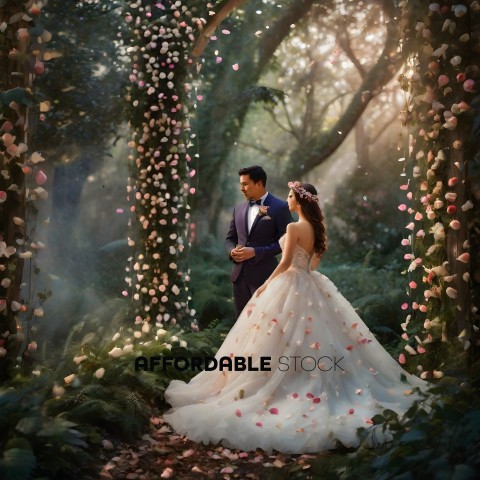 A Bride and Groom in a Forest