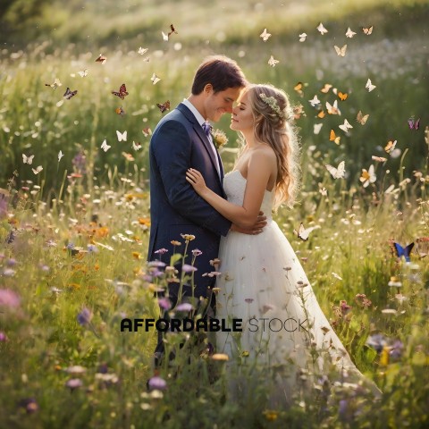 A Bride and Groom in a Field of Flowers