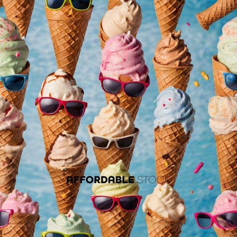 A row of ice cream cones with sunglasses on top