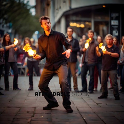 Man in black shirt and jeans performing with fire