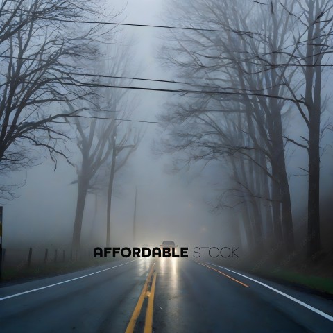 A car driving down a foggy road with headlights on