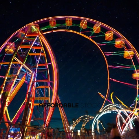 A nighttime carnival ride with a colorful design
