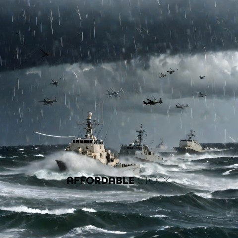 Navy ships in the ocean during a storm