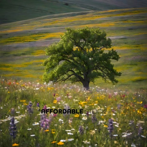 A tree in a field of flowers