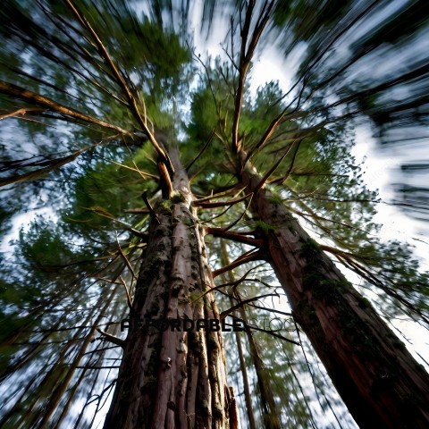 A blurry photo of a forest with a focus on a large tree