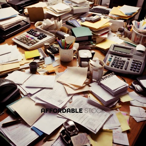 A messy office desk with a lot of paperwork and office supplies