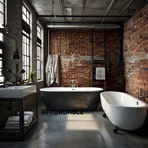 A large bathtub in a brick room