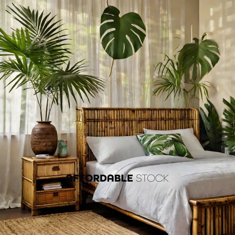 A bed with a white bedspread and pillows with a plant in a brown vase on the nightstand
