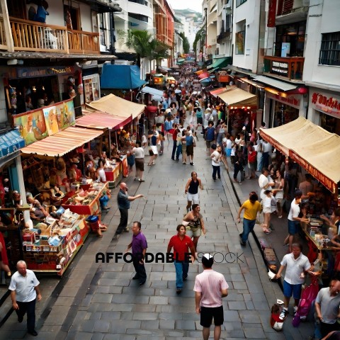 A crowded street with people walking and shopping