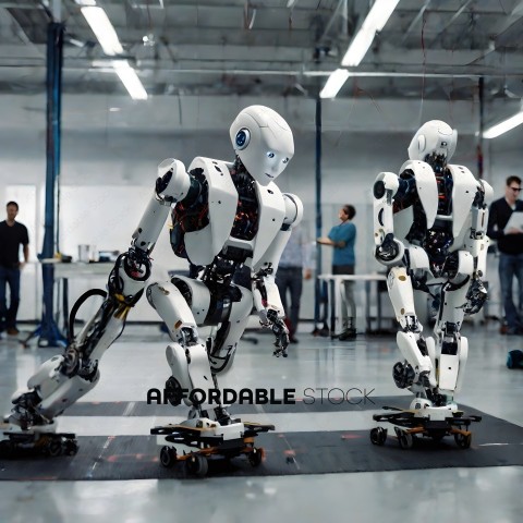 Two robots on wheels in a factory