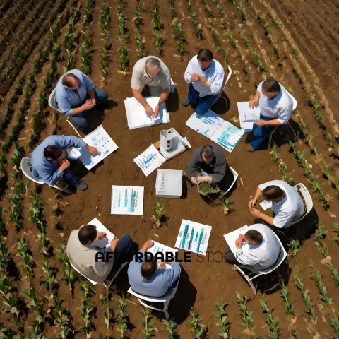 Six men in white shirts and jeans are sitting in a circle in a field