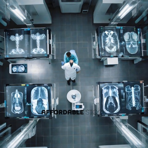 A man in a lab looking at a morgue display