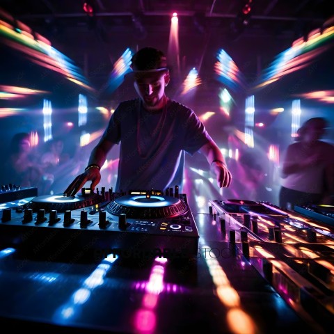 A DJ in a club with a colorful light show
