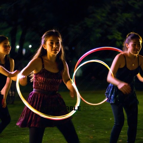Three girls perform a hula hoop dance