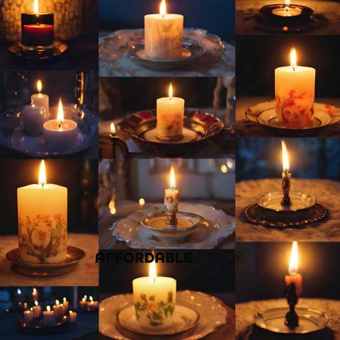 A collection of candles with various designs