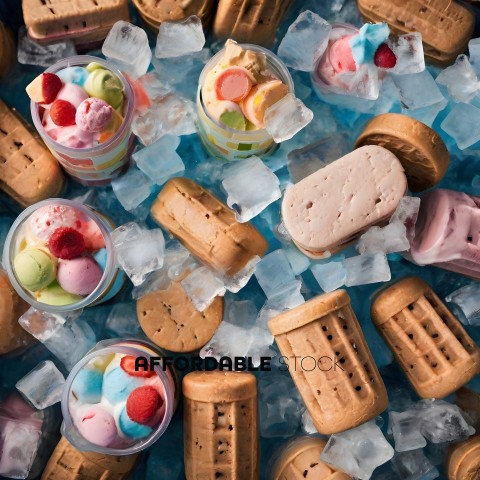 A variety of ice cream and cookies are displayed on a blue surface
